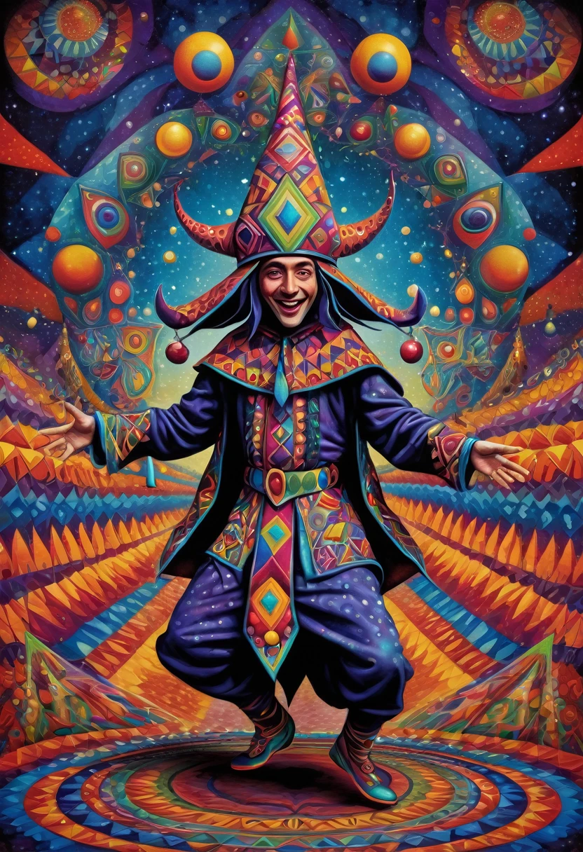 a jester wearing his 6 pointed cap and bells hat and dancing, colorful, surreal, psychedelic, center, detailed, geometric patterns, visionary art, shamanic, dark colors