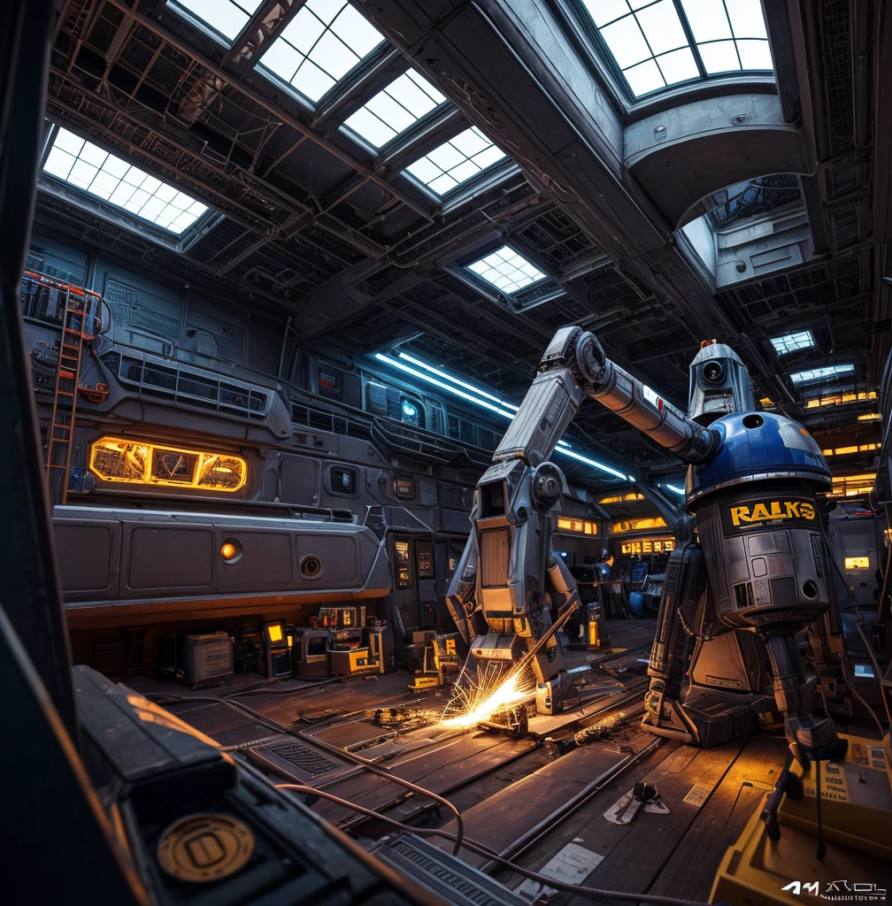 A team of meticulously programmed repair droids meticulously mend the battered hull of a starship hull in the bustling drydock of a space station. The sleek metallic bodies of the droids contrast sharply with the scuffed, utilitarian exterior of the ship. This stunning digital painting captures the intricate details of the scene, from the glowing welding sparks to the intricate patterns of the droids' circuitry. The vivid colors and expert shading create a sense of depth and realism that draws the viewer into the sci-fi world of space engineering.