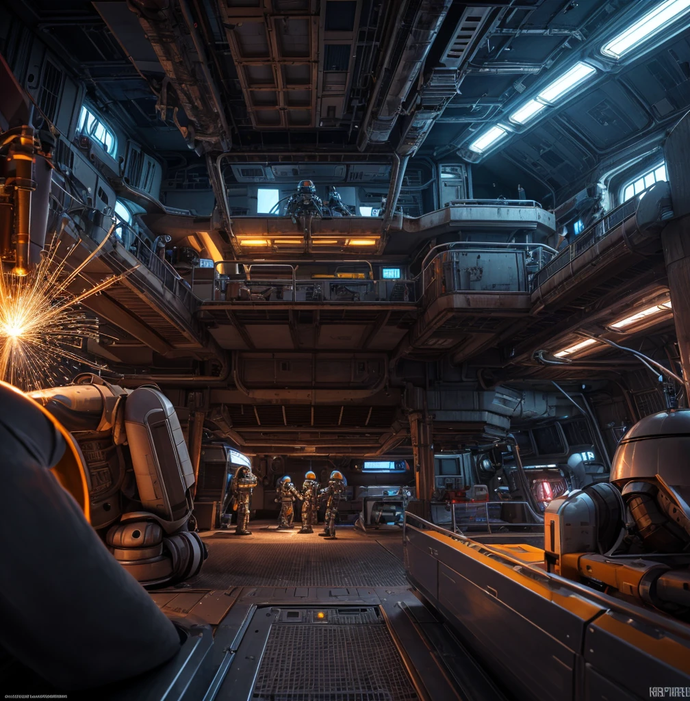 A team of meticulously programmed repair droids meticulously mend the battered hull of a starship hull in the bustling drydock of a space station. The sleek metallic bodies of the droids contrast sharply with the scuffed, utilitarian exterior of the ship. This stunning digital painting captures the intricate details of the scene, from the glowing welding sparks to the intricate patterns of the droids' circuitry. The vivid colors and expert shading create a sense of depth and realism that draws the viewer into the sci-fi world of space engineering.