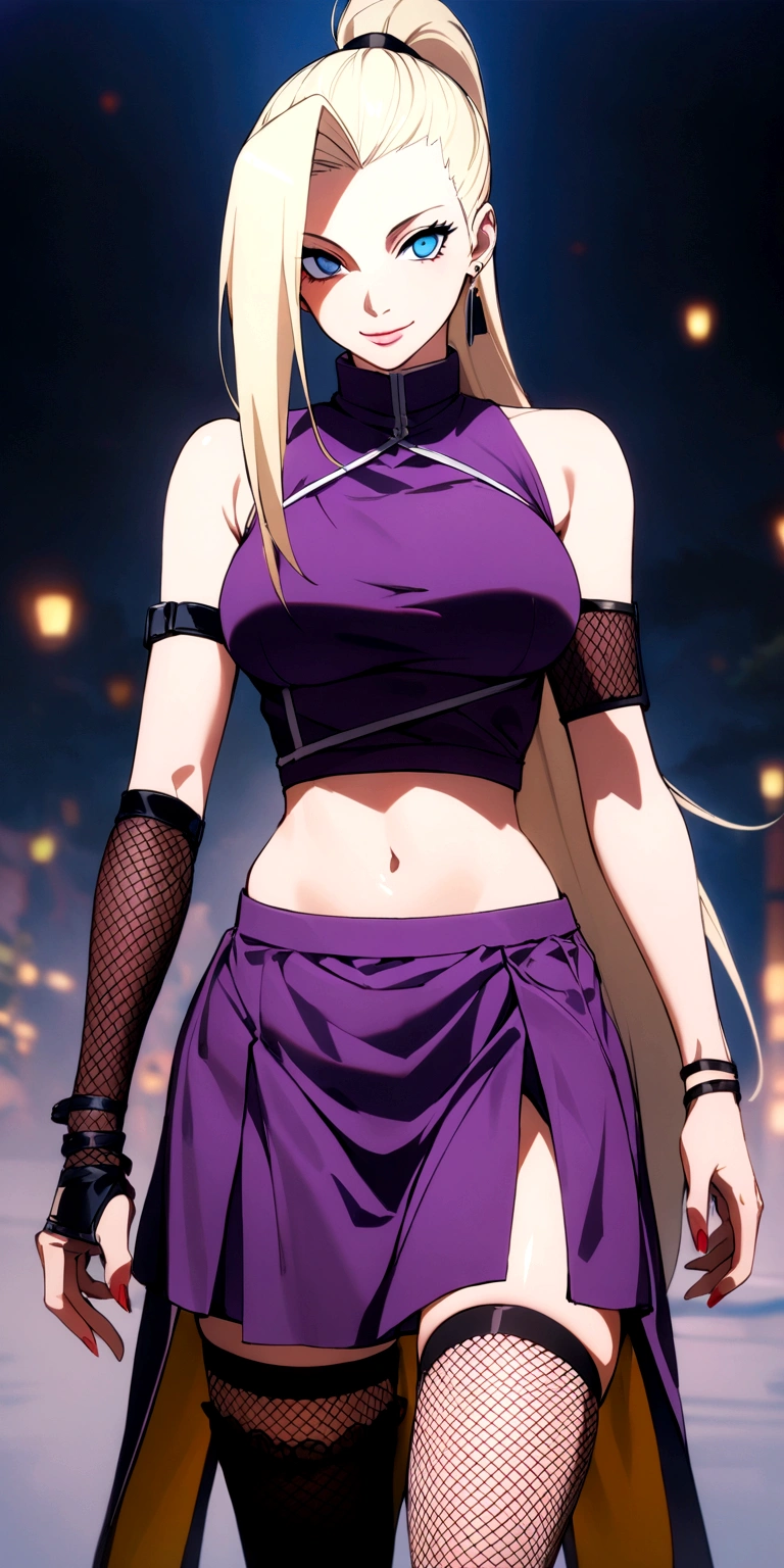 masterpiece, best quality, very aesthetic, absurdres,
yamanaka_ino, naruto_(series), naruto_shippuuden,blonde_hair,long_hair, high_ponytail, hair_over_one_eye, blue_eyes, bare_shoulders, purple crop_top, earrings, Fishnet elbow pads, jewelry, large_breasts, midriff, purple skirt, Fishnet stockings, thighhighs, smile, solo, standing, in park,looking_at_viewer,