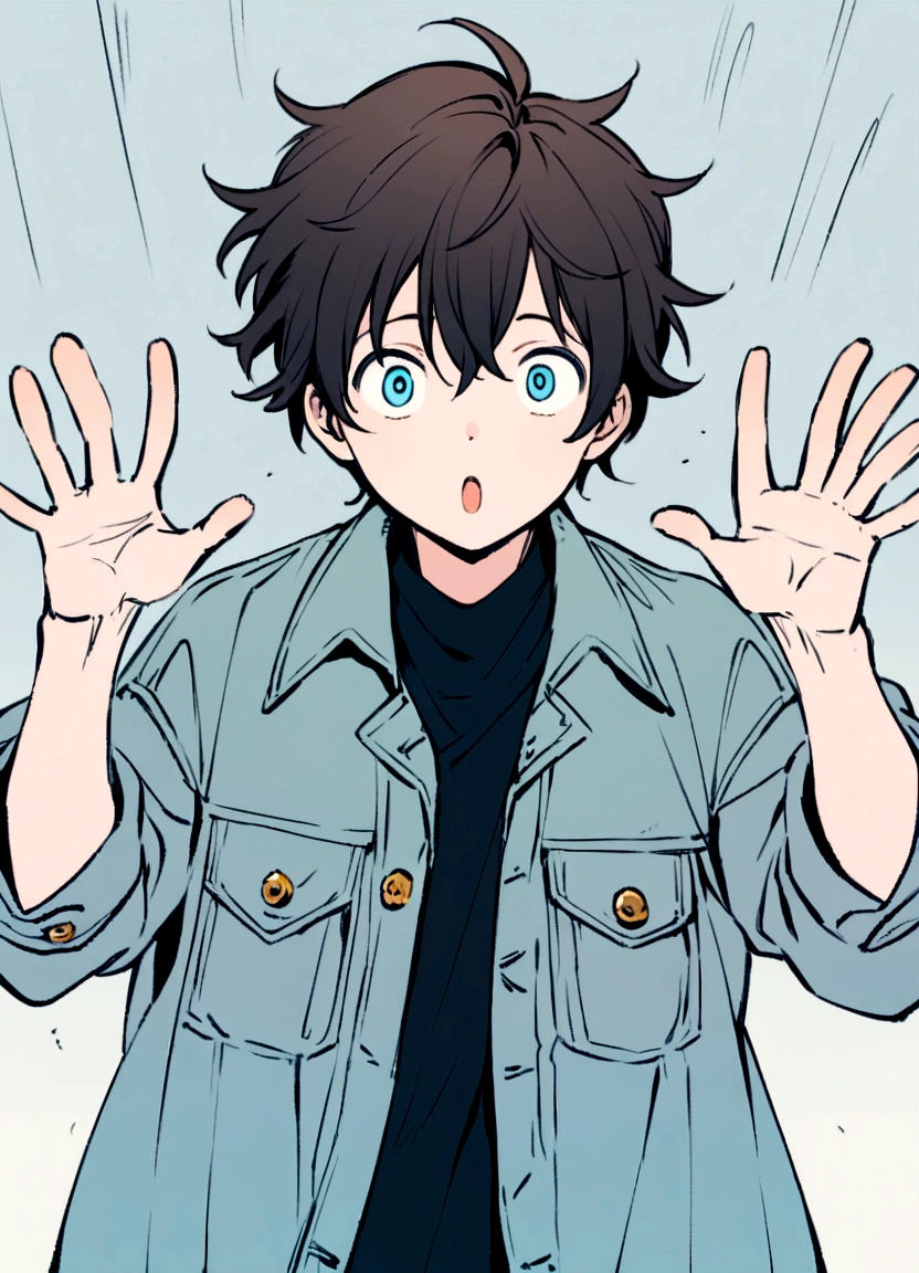 Create an anime-style illustration of a boy with short, slightly messy dark hair. He should be wearing an oversized blue denim jacket. The boy's expression should be one of excitement, with wide eyes and his hands held up in front of him, palms facing out. The background should be a plain, light grayish-blue color to keep the focus on the character. Ensure the drawing has a clean, detailed, and slightly pastel color palette to match the aesthetic of modern anime illustrations.