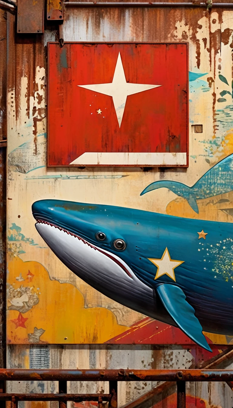 simple decorative rusty metal sign with a drawing of an 1killer whale and a 1communist star, artwork inspired by Dave McKean, vivid colors, intricate details, oil painting.