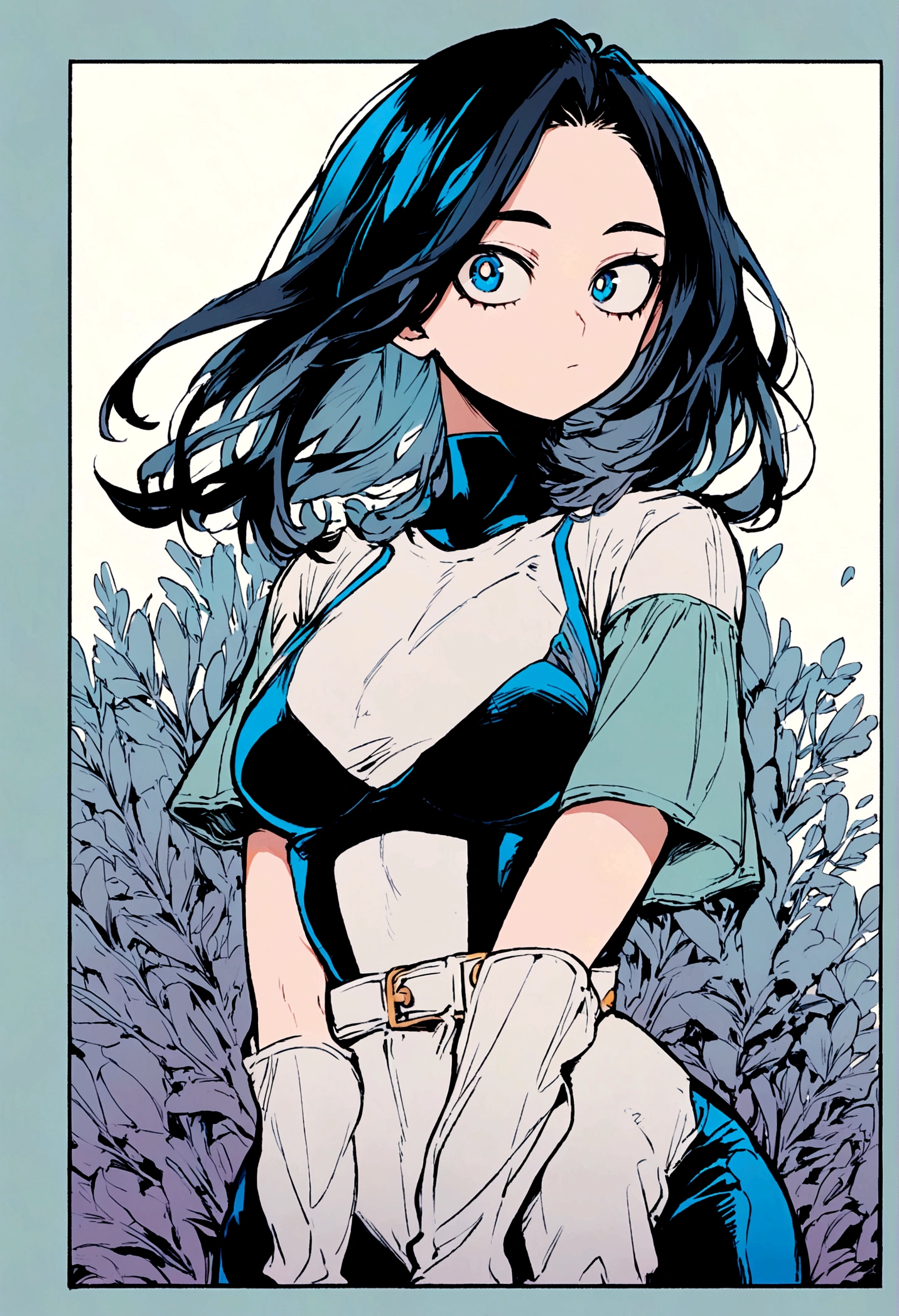 My hero academia, girl with short black hair, thin figure and blue eyes