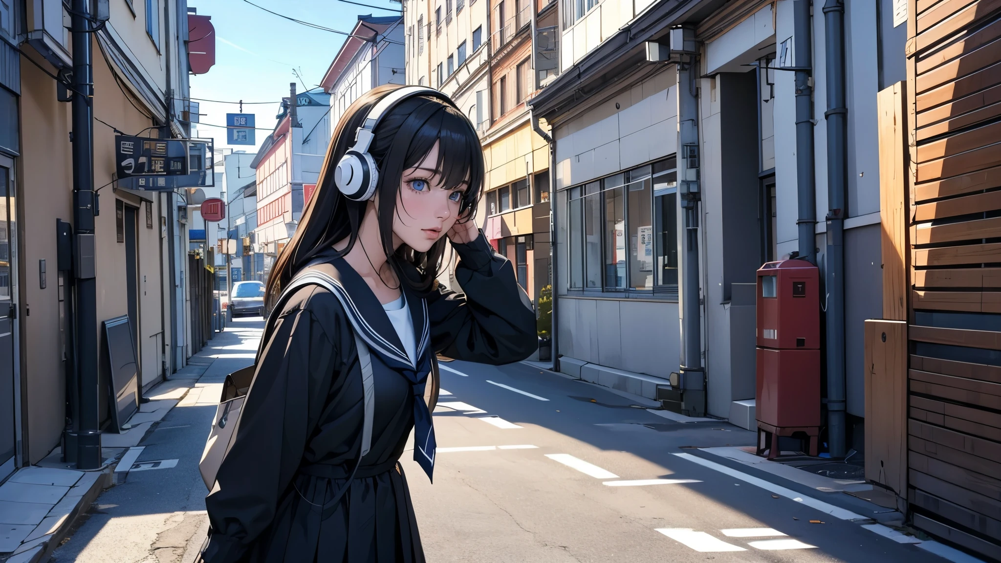 Ultra HD、super high quality、masterpiece、detailed、8K、The location is on a quiet city street、Schoolgirl1Person listening to music on headphones、15-year-old high school girl、そのロシア人で髪の毛は黒色のロング、Has blue eyes、Has a glamorous figure、The clothes she's wearing are one-piece dresses.、Pretty sexy、Lo-Fi images,The background is blurred、Nostalgic and relaxing atmosphere、At dusk、Afternoon sun