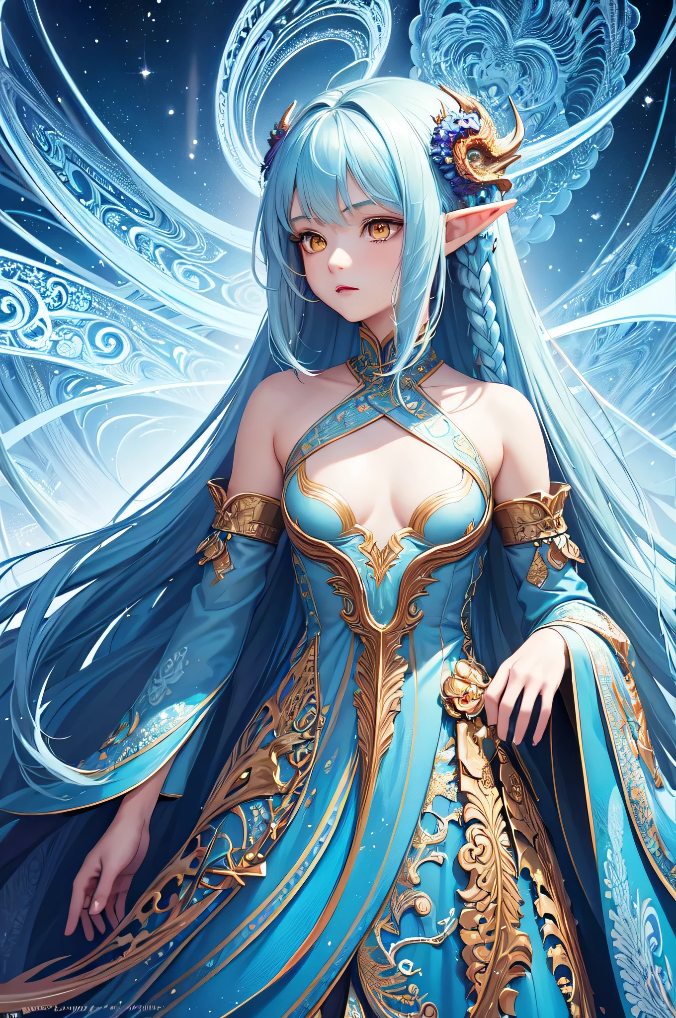 (masterpiece, top quality, best quality, official art, beautiful and aesthetic:1.2), (1girl), extreme detailed,(fractal art:1.3),colorful,highest detailed, cute young girl, light blue hair, long hair, small braids hair, yellow eyes, elf ears, dragon tail, dragon thorn, muscular body, small breast, light blue dress