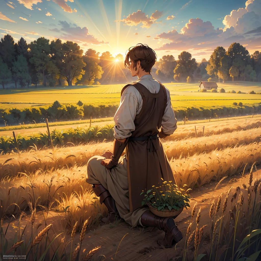 Imagine the back view of a brown-haired man dressed in a simple medieval farmer's outfit, kneeling in a field as he carefully plants wheat. Picture his homespun tunic and sturdy leather boots, worn from years of labor, blending into the rustic scenery. The field stretches out before him, rows of freshly turned earth ready to yield a bountiful harvest. The sun hangs low in the sky, casting a warm, golden light that illuminates the scene and highlights the man's dedication to his work. Capture the essence of medieval agrarian life in this serene moment, where the timeless cycle of planting and harvest is beautifully portrayed."
