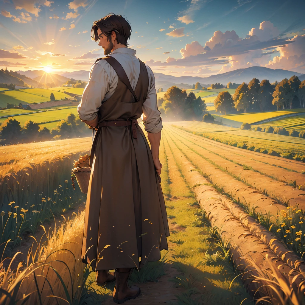 Imagine the back view of a brown-haired man dressed in a simple medieval farmer's outfit, kneeling in a field as he carefully plants wheat. Picture his homespun tunic and sturdy leather boots, worn from years of labor, blending into the rustic scenery. The field stretches out before him, rows of freshly turned earth ready to yield a bountiful harvest. The sun hangs low in the sky, casting a warm, golden light that illuminates the scene and highlights the man's dedication to his work. Capture the essence of medieval agrarian life in this serene moment, where the timeless cycle of planting and harvest is beautifully portrayed."