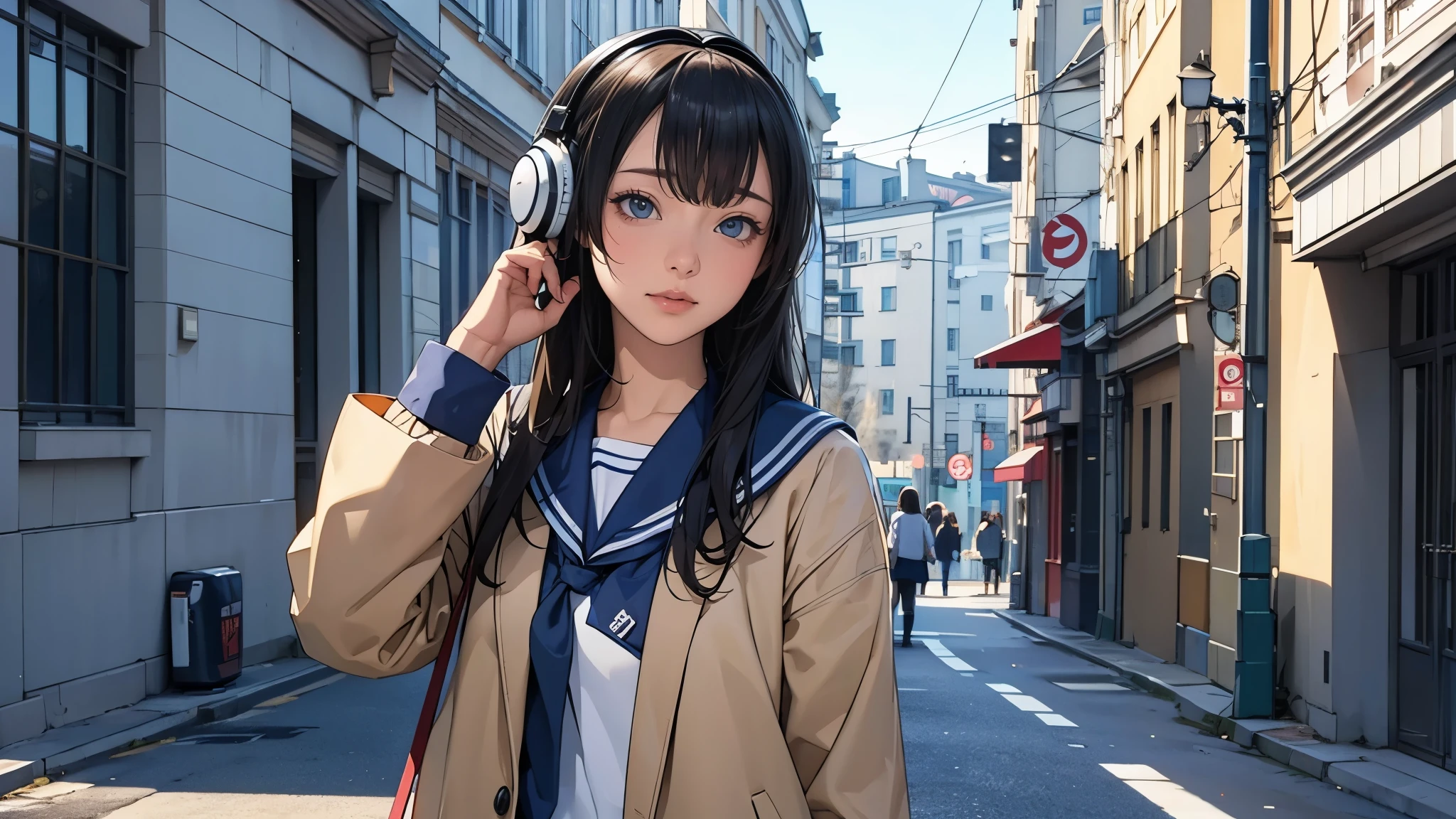 Ultra HD、super high quality、masterpiece、detailed、8K、The location is on a quiet city street、Schoolgirl１Person listening to music on headphones、-yeld hischool girl、そのロシア人で髪の毛は黒色のロング、Has blue eyes、Has a glamorous figure、The clothes she&#39;s wearing are one-piece dresses.、Pretty sexy、Lo-Fi images,The background is blurred、Nostalgic and relaxing atmosphere、At dusk、Afternoon sun