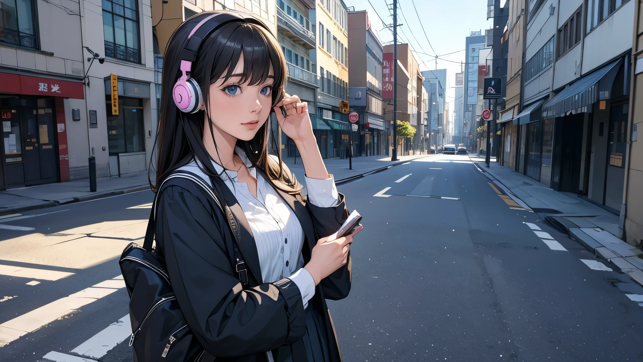 Ultra HD、super high quality、masterpiece、detailed、8K、The location is on a quiet city street、Schoolgirl１Person listening to music on headphones、15-year-old high school girl、そのロシア人で髪の毛は黒色のロング、Has blue eyes、Has a glamorous figure、The clothes she&#39;s wearing are one-piece dresses.、Pretty sexy、Lo-Fi images,The background is blurred、Nostalgic and relaxing atmosphere、At dusk、Afternoon sun