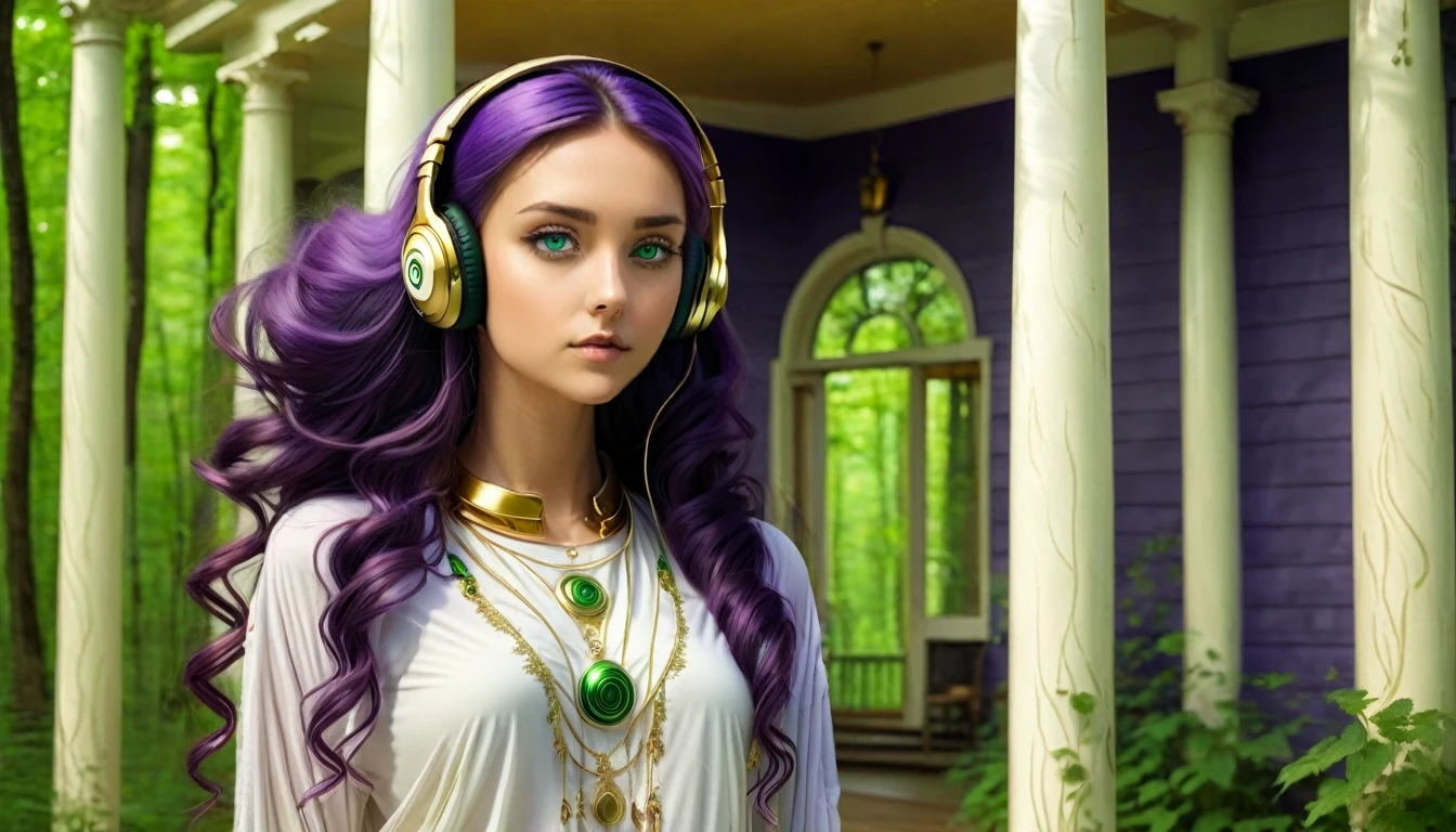 HDR, BETTER IMAGE, WOMAN WITH GREEN EYES, FULL BODY IMAGE, WITH SMALL HEADPHONES, LISTENING TO MUSIC, LONG PURPLE STRAIGHT HAIR, NATURE, FOREST, IVORY HOUSE WITH GOLD, IVORY COLUMN WITH GOLD, YOUTUBE SYMBOL