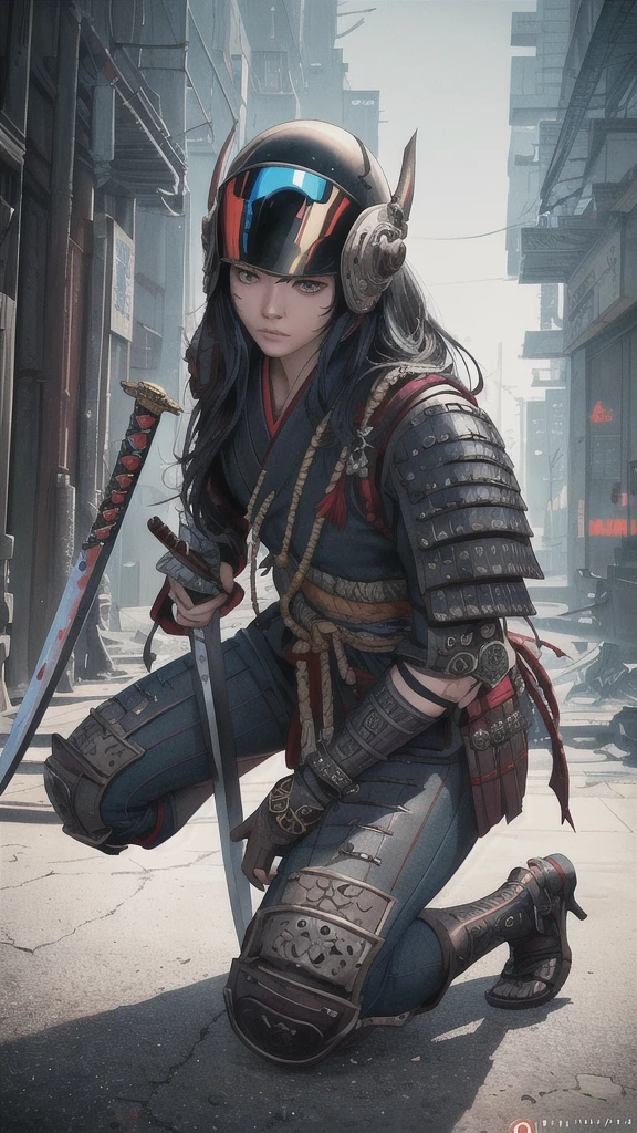 Hyperrealistic version of a woman kneeling down with a sword in her hand, very beautiful cyberpunk samurai, anime cyberpunk art, cyberpunk samurai, cyberpunk anime art, anime cyberpunk, cgsociety 9, digital cyberpunk anime art, style of maciej kuciara.1girl, samurai armor, helmet oni evil mask,intricate, ornaments detailed, cold colors, metal, egypician detail, highly intricate details, realistic light, trending on cgsociety, glowing eyes, facing camera, neon details, ultra realistic details, portrait full body, japanese atmosphere, global illumination, shadows, octane render, 8k, ultra sharp.cool lolita.