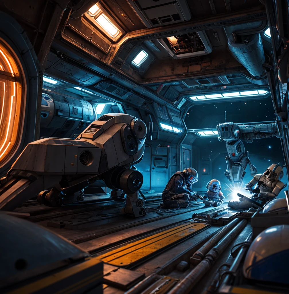 A team of meticulously programmed repair droids meticulously mend the battered hull of a starship hull in the bustling drydock of a space station. The sleek metallic bodies of the droids contrast sharply with the scuffed, utilitarian exterior of the ship. This stunning digital painting captures the intricate details of the scene, from the glowing welding sparks to the intricate patterns of the droids' circuitry. The vivid colors and expert shading create a sense of depth and realism that draws the viewer into the sci-fi world of space engineering.
