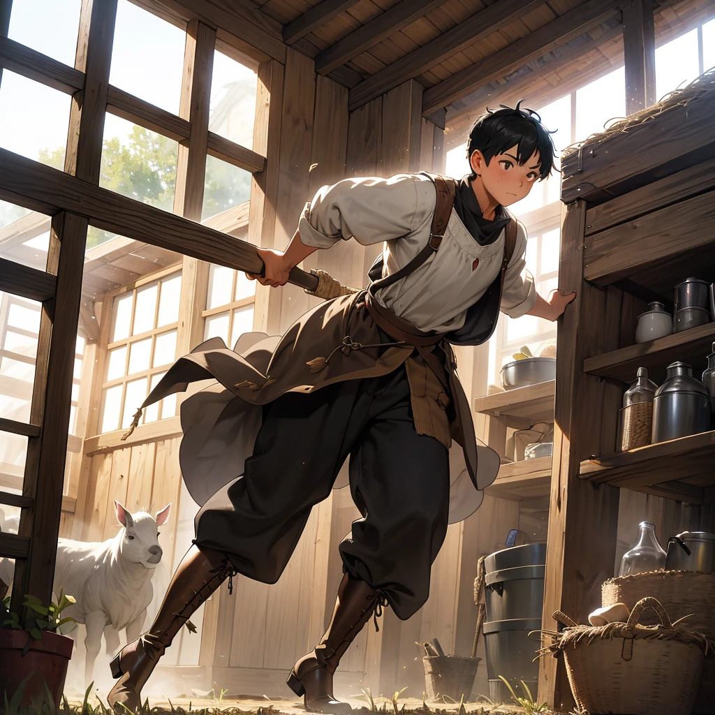 Imagine a black-haired boy dressed in a simple medieval farmer's outfit, diligently shoveling hay in a rustic barn. His loose tunic and trousers are dusted with bits of straw, and sturdy leather boots sink slightly into the earthen floor. Sunlight streams through the gaps in the wooden walls, casting warm beams that illuminate motes of dust and hay swirling in the air. The boy's movements are purposeful and steady, embodying the hard work and rhythm of medieval farm life. Capture the quiet determination and pastoral simplicity of this scene, where the everyday labor of a young farmhand reflects a timeless connection to the land."