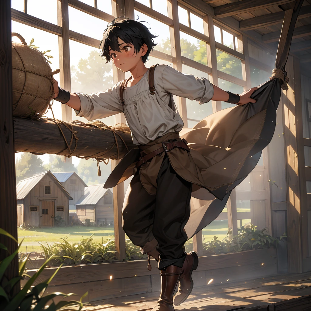 Imagine a black-haired boy dressed in a simple medieval farmer's outfit, diligently shoveling hay in a rustic barn. His loose tunic and trousers are dusted with bits of straw, and sturdy leather boots sink slightly into the earthen floor. Sunlight streams through the gaps in the wooden walls, casting warm beams that illuminate motes of dust and hay swirling in the air. The boy's movements are purposeful and steady, embodying the hard work and rhythm of medieval farm life. Capture the quiet determination and pastoral simplicity of this scene, where the everyday labor of a young farmhand reflects a timeless connection to the land."