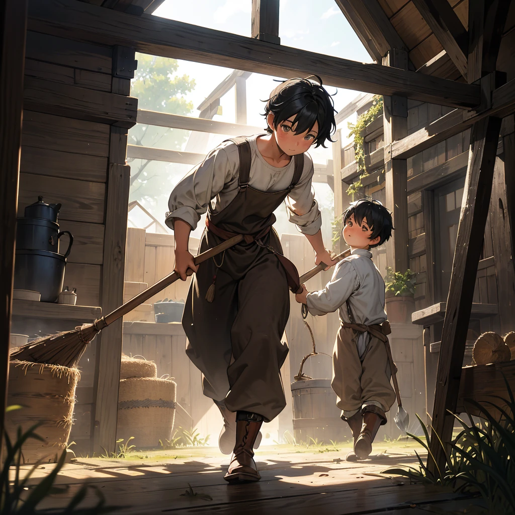 Imagine a black-haired boy dressed in a simple medieval farmer's outfit, diligently shoveling hay in a rustic barn. His loose tunic and trousers are dusted with bits of straw, and sturdy leather boots sink slightly into the earthen floor. Sunlight streams through the gaps in the wooden walls, casting warm beams that illuminate motes of dust and hay swirling in the air. The boy's movements are purposeful and steady, embodying the hard work and rhythm of medieval farm life. Capture the quiet determination and pastoral simplicity of this scene, where the everyday labor of a young farmhand reflects a timeless connection to the land."