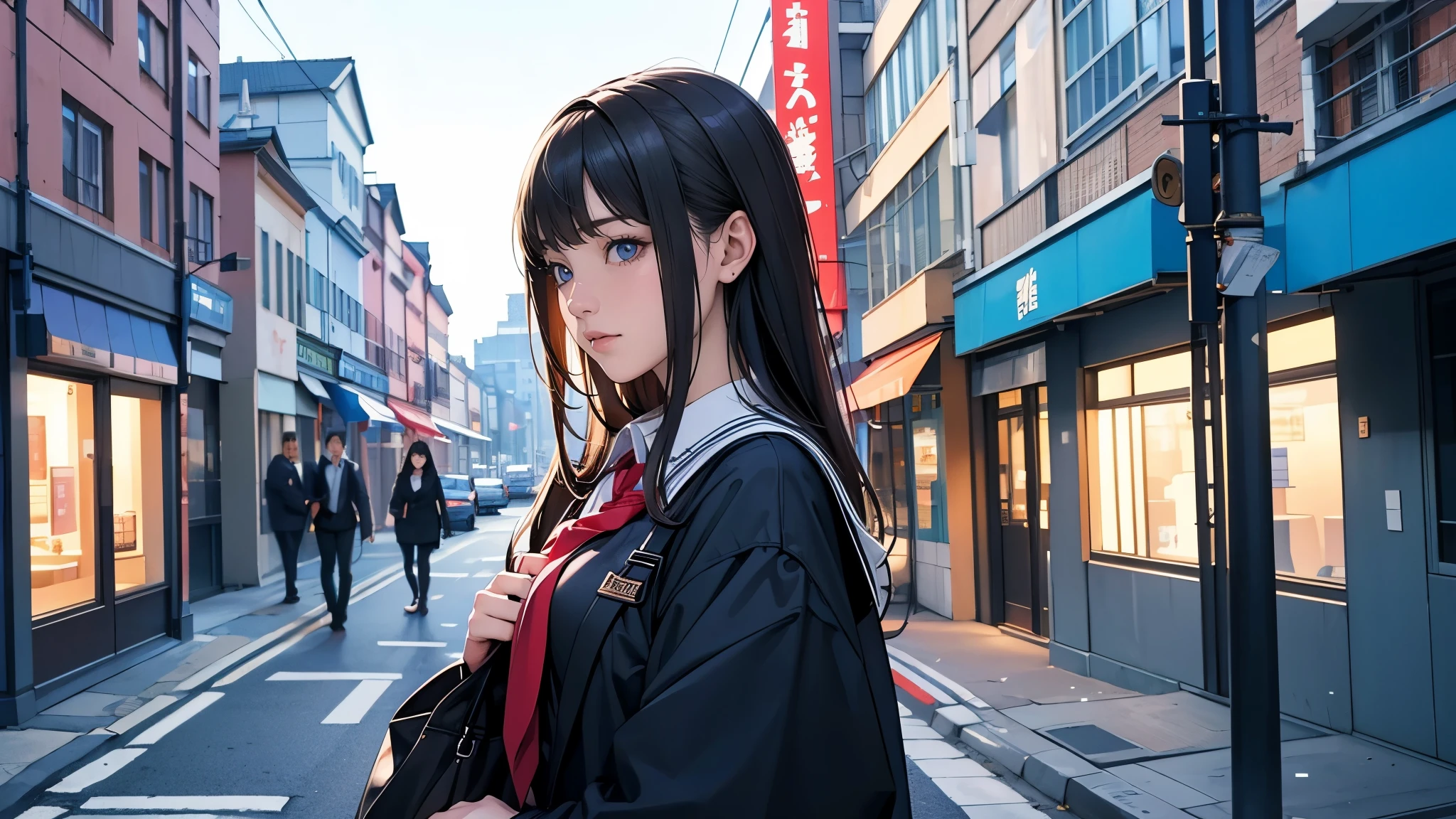Ultra HD、super high quality、masterpiece、detailed、8K、The location is on a quiet city street、Schoolgirl1Person listening to music on headphones、15-year-old high school girl、そのロシア人で髪の毛は黒色のロング、Has blue eyes、Has a glamorous figure、The clothes she's wearing are one-piece dresses.、Pretty sexy、Lo-Fi images,The background is blurred、Nostalgic and relaxing atmosphere、At dusk、Afternoon sun