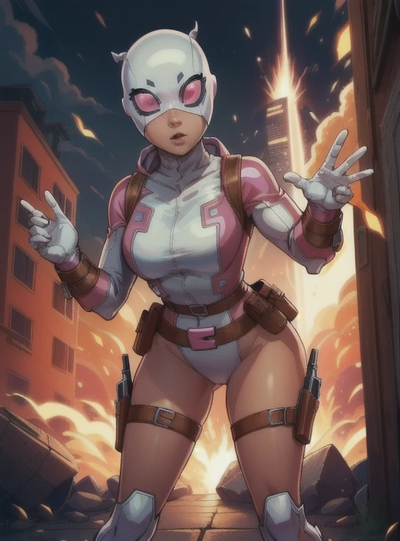 (GwenPool attacking:1), (white mask:1.2), (superhero, bodysuit, pink leotard, belt, gun, hood:1), looking at viewer, cute pose, leaning forward,
(detailed landscape,building, explosion:1), (dynamic_angle:1), (dynamic_pose:1.2),
(masterpiece:1.2), (best quality, highest quality), (ultra detailed), (8k, 4k, intricate),(full body:1), (Cowboy shot:1.2), (50mm), (highly detailed:1.2),(detailed face:1.2), detailed_eyes,(gradients),(ambient light:1.3),(cinematic composition:1.3),(HDR:1),Accent Lighting,extremely detailed,original, highres,(perfect_anatomy:1.2),