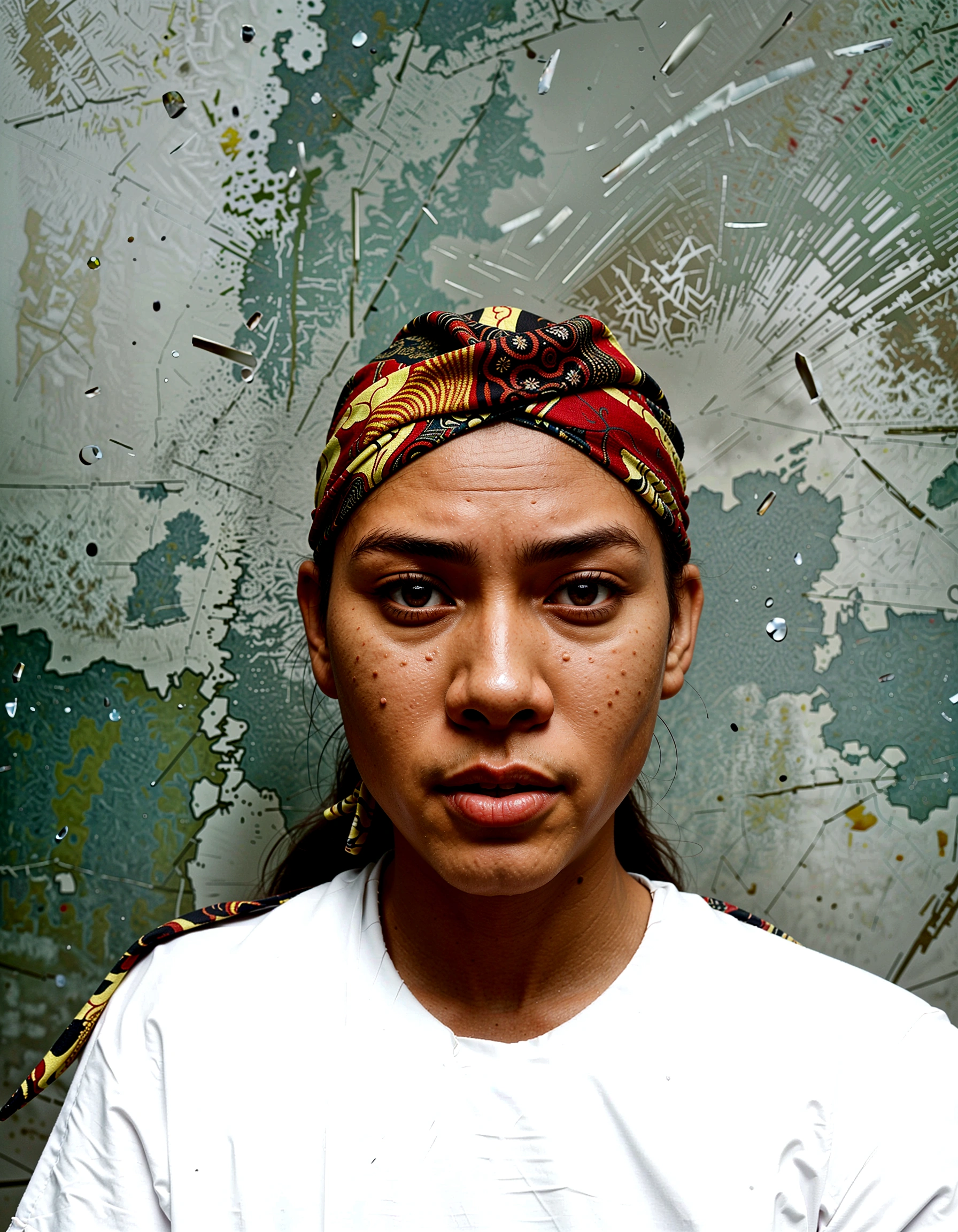 there is a man with a bandana on his head, inspired by I Ketut Soki, ramil sunga, with accurate face, south east asian with round face, student, by I Ketut Soki, batik, inspired by Sarper Baran, by Abidin Dino, front profile!!!!, protrait, potrait, frontal picture