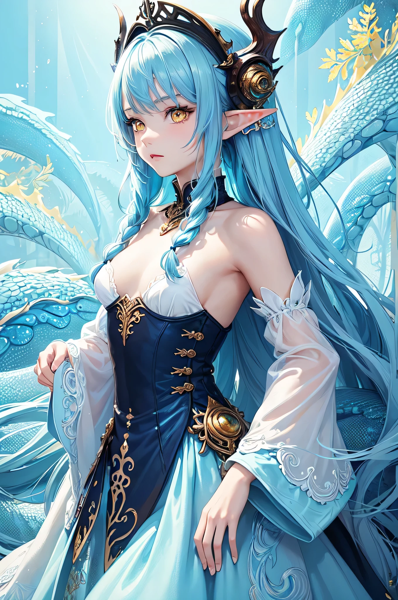(masterpiece, top quality, best quality, official art, beautiful and aesthetic:1.2), (1girl), extreme detailed,(fractal art:1.3),colorful,highest detailed, cute young girl, light blue hair, long hair, small braids hair, yellow eyes, elf ears, dragon tail, dragon thorn, muscular body, small breast, light blue dress