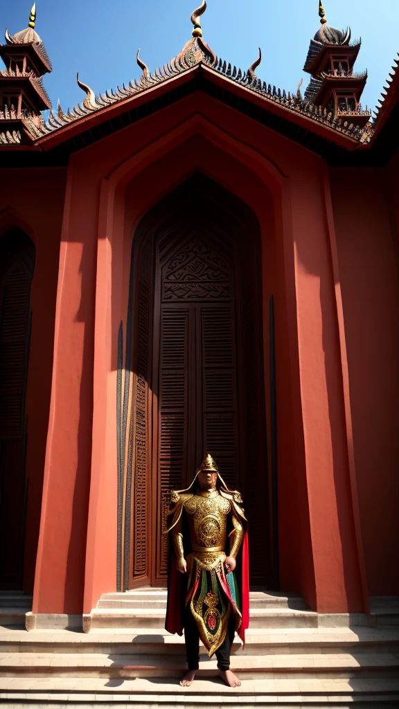 Photorealistic images of Indonesia's melayu superheroes, their sleek, Renaissance-inspired costumes, decorated with intricate traditional melayu patterns, look majestic against the backdrop of Aceh's Grand Mosque. The superhero surveys the bustling city of Aceh, his powerful wings shadowing the iconic buildings