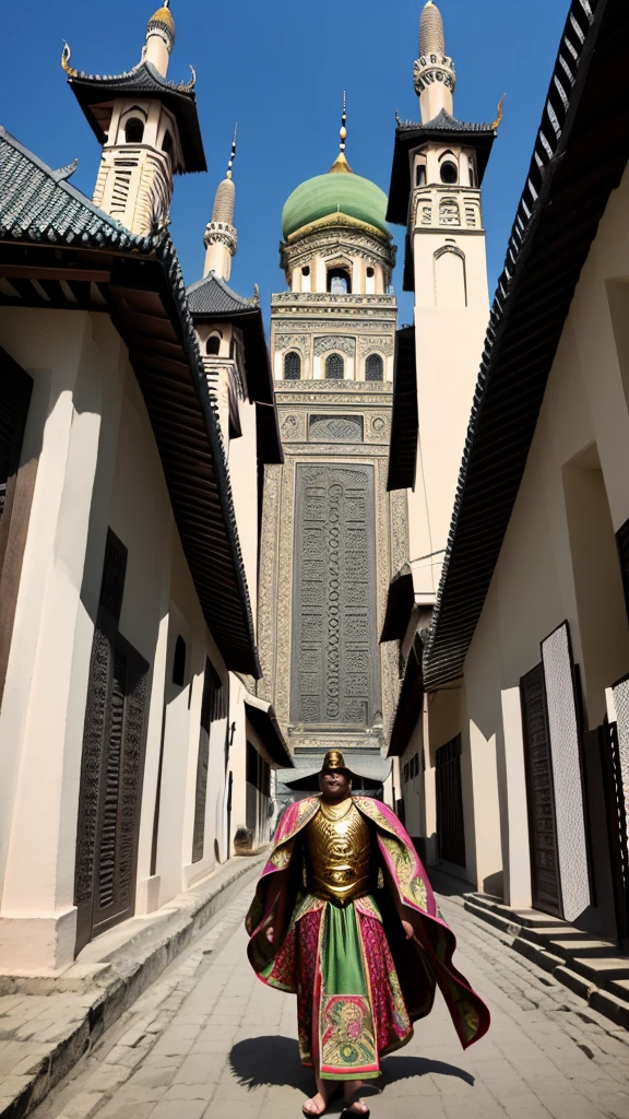 Photorealistic images of Indonesia's melayu superheroes, their sleek, Renaissance-inspired costumes, decorated with intricate traditional melayu patterns, look majestic against the backdrop of Aceh's Grand Mosque.  The superhero surveys the bustling city of Aceh, his powerful wings shadowing the iconic buildings