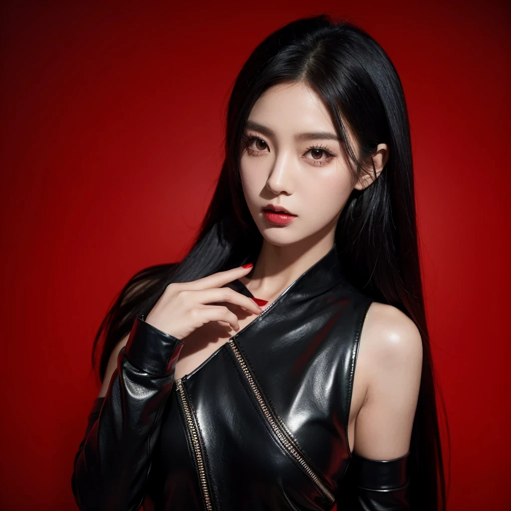 Kpop 1 idol concept picture for dark concept. Black hair, red and black leather outfit, black crown. Red background. 