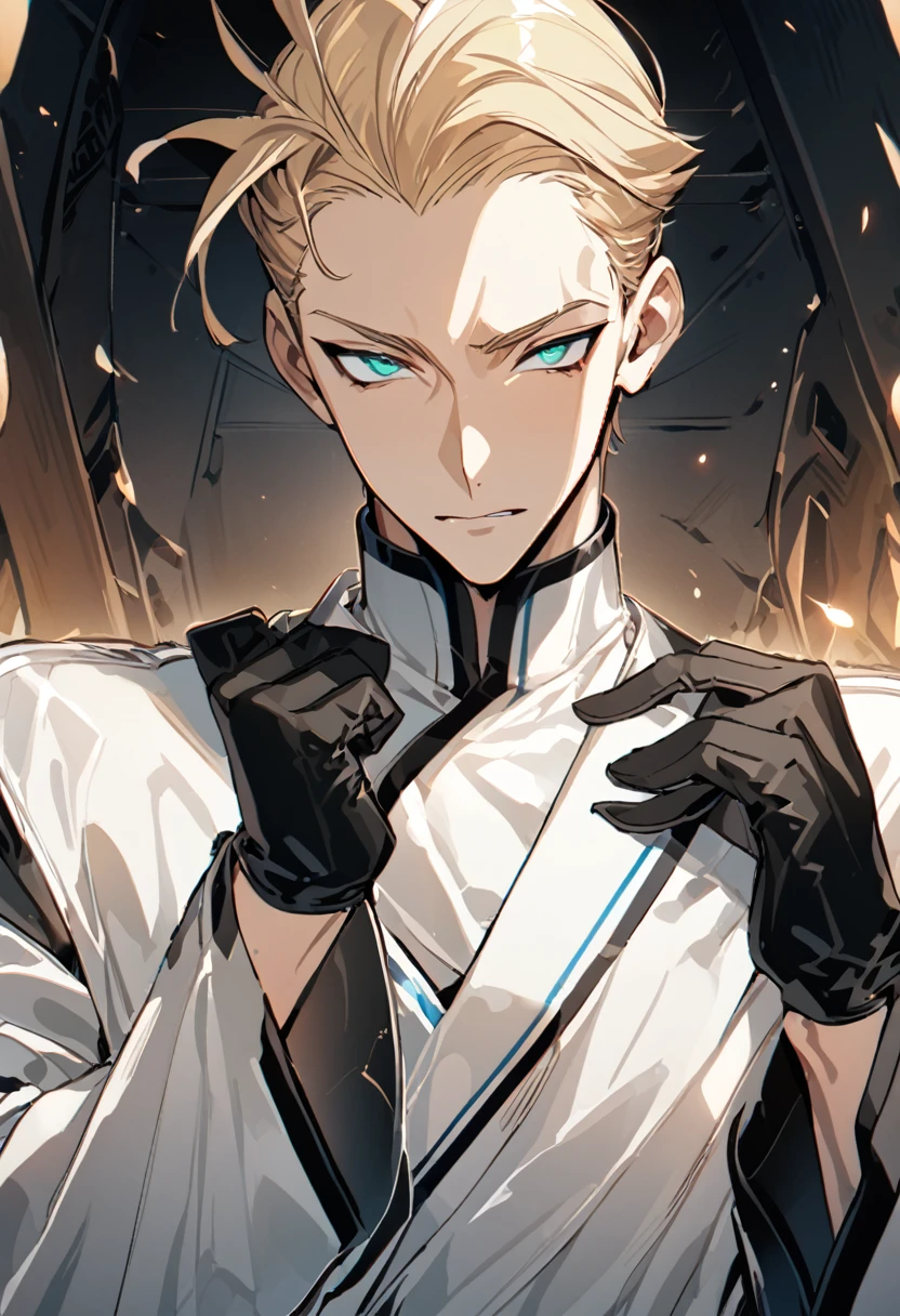Masterpiece, Perfect face, expressive eyes,1boy, male focus, solo, black gloves, gloves, blonde hair, slicked back hair, clean hair, aqua eyes, Bleach style, Bleach