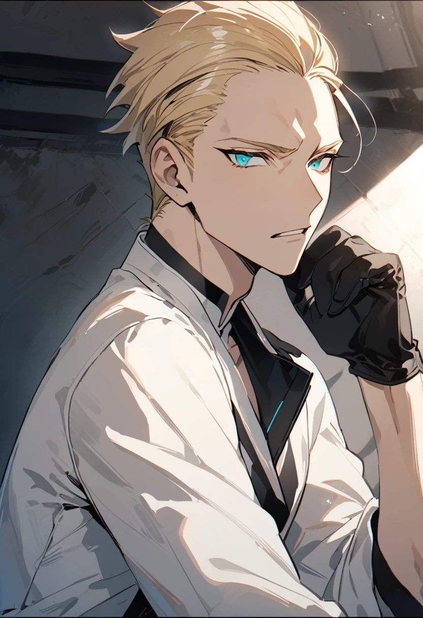 Masterpiece, Perfect face, expressive eyes,1boy, male focus, solo, black gloves, gloves, blonde hair, slicked back hair, clean hair, aqua eyes, Bleach style, Bleach

