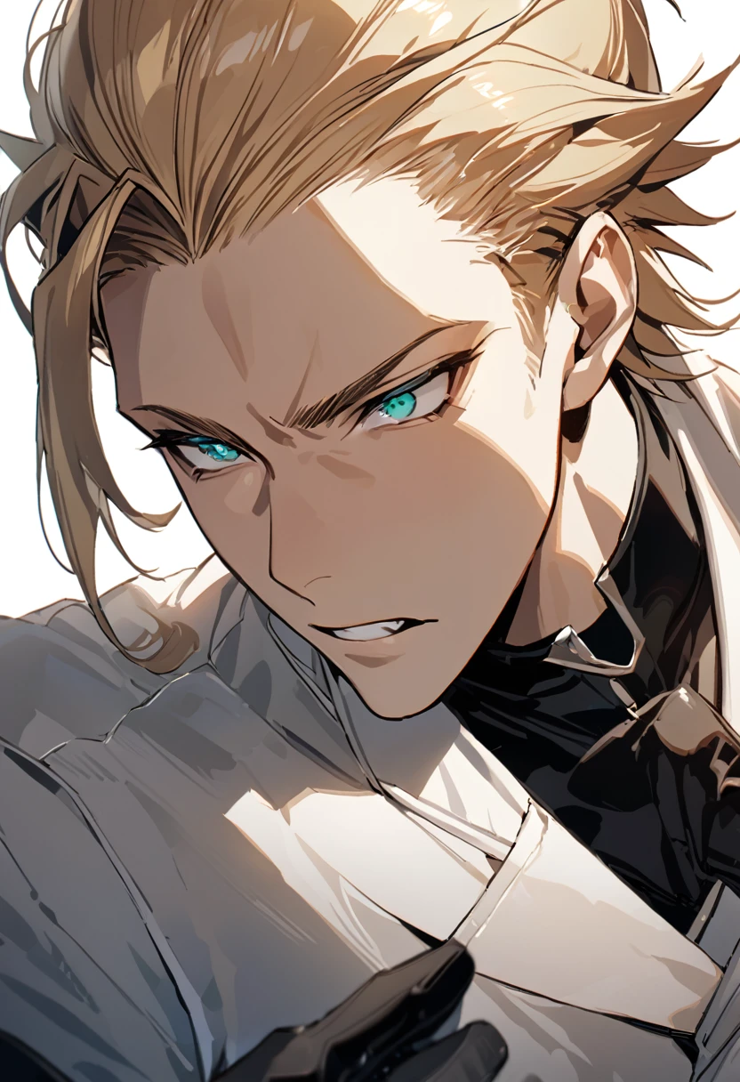 Masterpiece, Perfect face, expressive eyes,1boy, male focus, solo, black gloves, gloves, blonde hair, slicked back hair, clean hair, aqua eyes, Bleach style, Bleach
