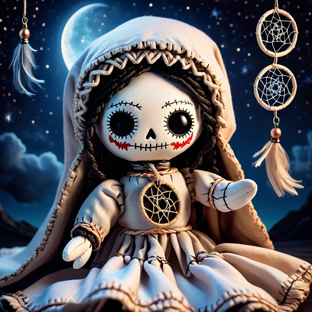 (knitted toy voodoo doll:1.6), (Voodoo Ghost Dreamer:1.3), (clothes with dream symbols, cloak:1.0), (Ghost Dreamcatcher, amulet with moonstone:1.1) (against the background of the moonlit sky with shadows and starlight:1.3), best quality, masterpiece, detailed soft oil painting, detailed background, dramatic cinematic lighting, soft edge lighting, professional, dramatic lighting, hard edge lighting, ultra quality, 4k,masterpiece, best quality, 8k, ultra highres, highres, extremely detailed