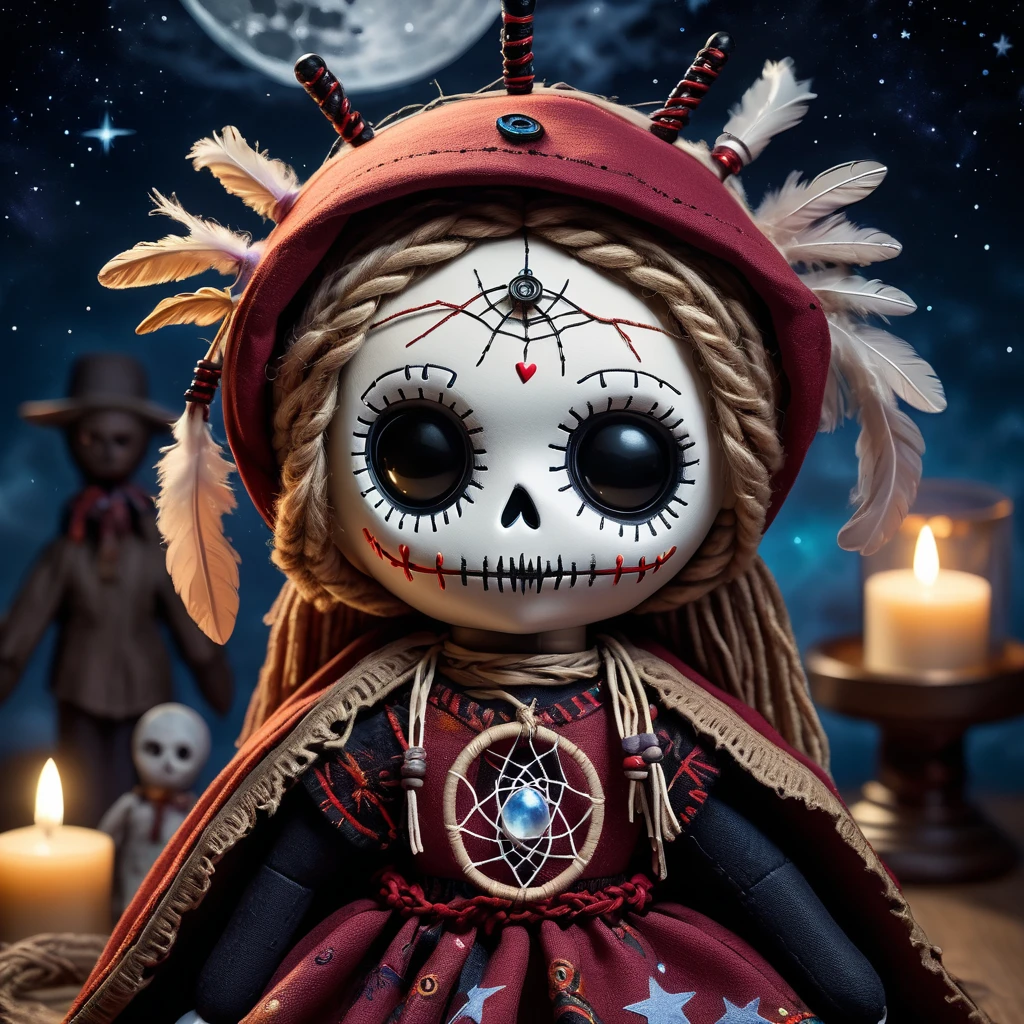 (knitted toy voodoo doll:1.6), (Voodoo Ghost Dreamer:1.3), (clothes with dream symbols, cloak:1.0), (Ghost Dreamcatcher, amulet with moonstone:1.1) (against the background of the moonlit sky with shadows and starlight:1.3),  best quality, masterpiece, detailed soft oil painting, detailed background, dramatic cinematic lighting, soft edge lighting, professional, dramatic lighting, hard edge lighting, ultra quality, 4k,masterpiece, best quality, 8k, ultra highres, highres, extremely detailed