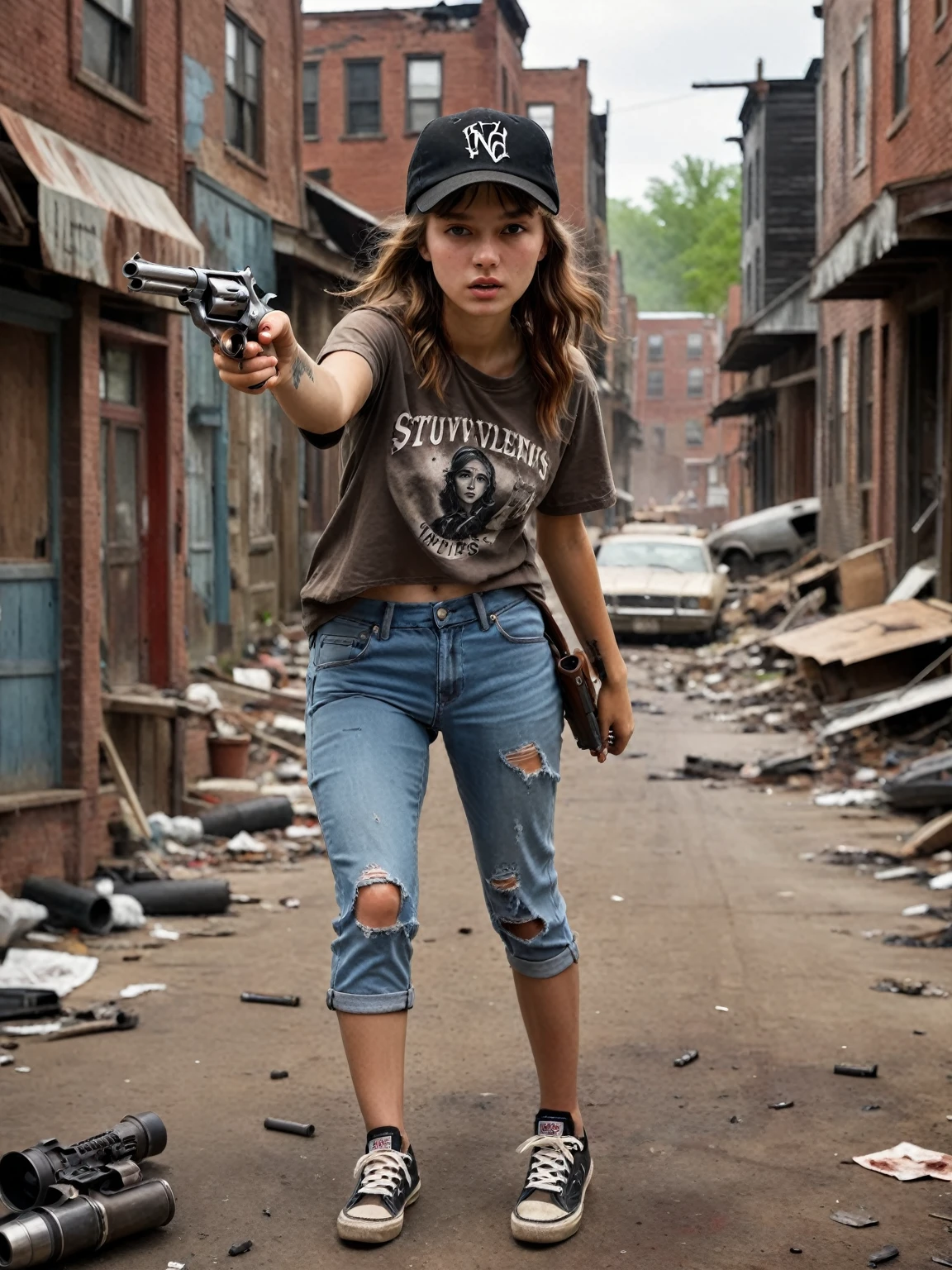 8k,realistic photo、realistic skin texture、A beautiful very young age girl living in the United States.y Hold a Wesson M442 compact revolver with your hand..、pointing forward ,,Dirty and torn large size.Tshirt 、black cap、Dirty Vans high-top sneakers、、A town in chaos、face、moving action pose、cool composition、tattoo