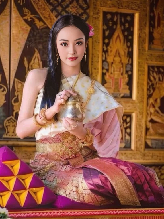 arafed woman in a traditional thai dress holding a vase, Sukhothai dress, traditional beauty, Southeast Asia that has existed for a long time, traditional clothes, traditional dress, Dilraba Dilmurat, traditional tai costume, According to Thawan Duchanee&#39;s style, Thai girl anime, Thai art, traditional clothing, Wear a luxurious silk dress, traditional art, traditional