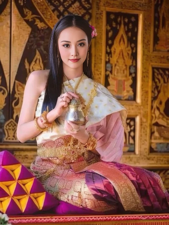 arafed woman in a traditional thai dress holding a vase, Sukhothai dress, traditional beauty, Southeast Asia that has existed for a long time, traditional clothes, traditional dress, Dilraba Dilmurat, traditional tai costume, According to Thawan Duchanee's style, Thai girl anime, Thai art, traditional clothing, Wear a luxurious silk dress, traditional art, traditional