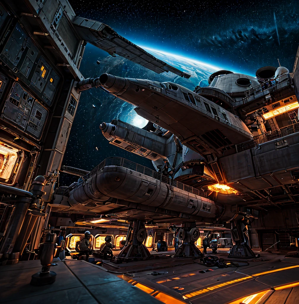 A team of meticulously programmed repair droids meticulously mend the battered hull of a starship hull in the bustling drydock of a space station. The sleek metallic bodies of the droids contrast sharply with the scuffed, utilitarian exterior of the ship. This stunning digital painting captures the intricate details of the scene, from the glowing welding sparks to the intricate patterns of the droids' circuitry. The vivid colors and expert shading create a sense of depth and realism that draws the viewer into the sci-fi world of space engineering.