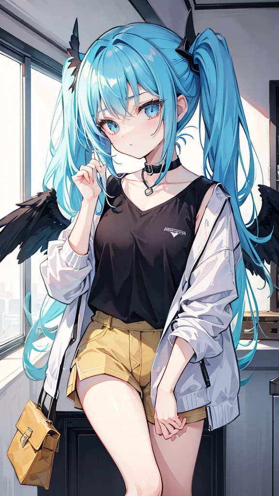 Girl with light blue hair up to men and honey colored eyes casual clothes and black wings dark manwha baku no hero academy style