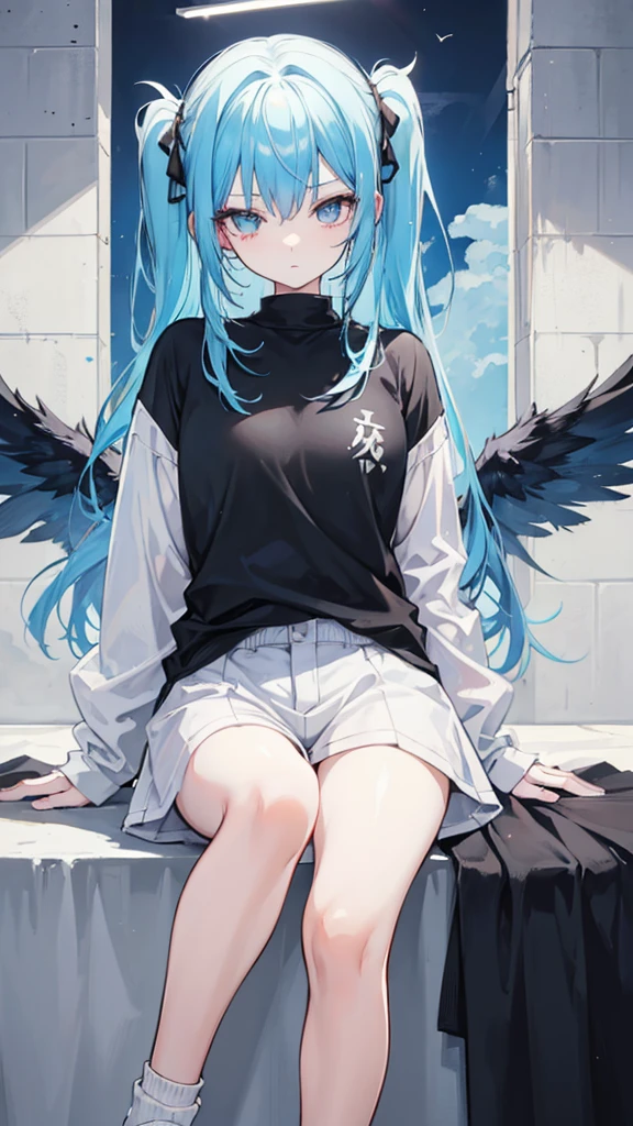 Girl with light blue hair up to men and honey colored eyes casual clothes and black wings dark manwha baku no hero academy style