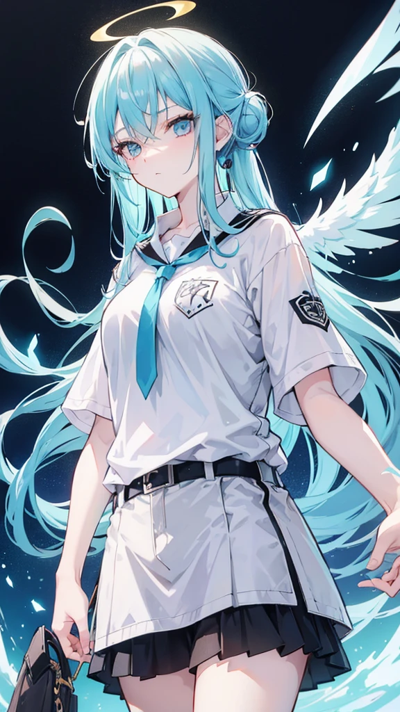 Girl with light blue hair up to men and honey colored eyes casual clothes and black wings dark manwha baku no hero academy style
