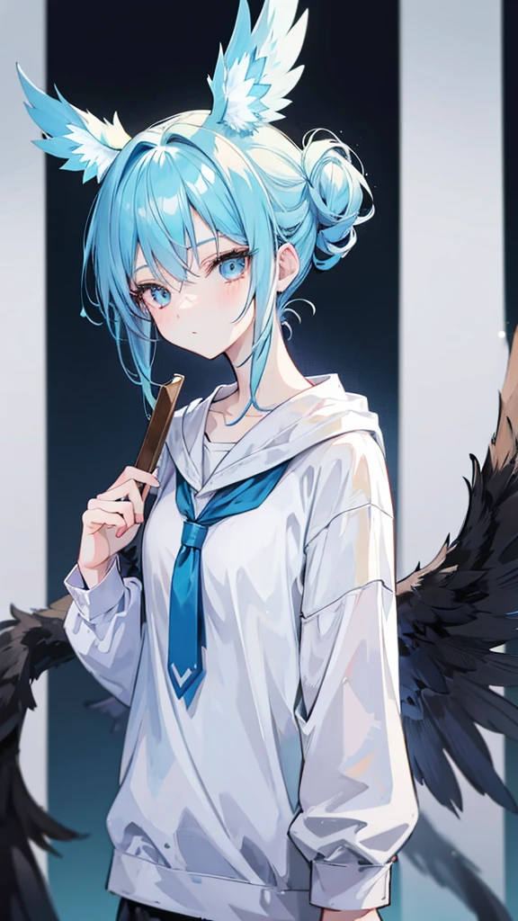 Girl with light blue hair up to men and honey colored eyes casual clothes and black wings dark manwha baku no hero academy style