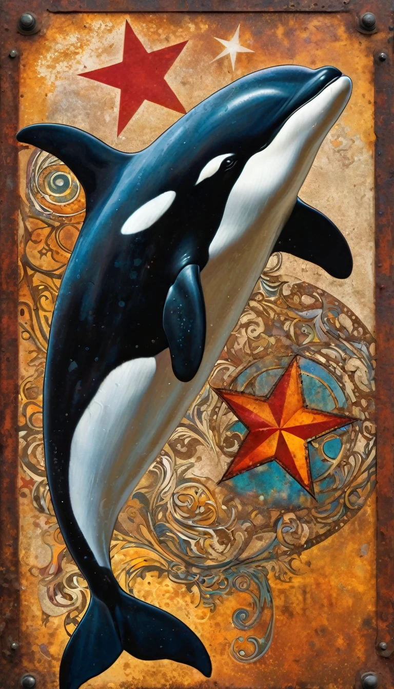 simple decorative rusty metal sign with a drawing of an 1killer whale and a 1communist star, artwork inspired by Dave McKean, vivid colors, intricate details, oil painting.
