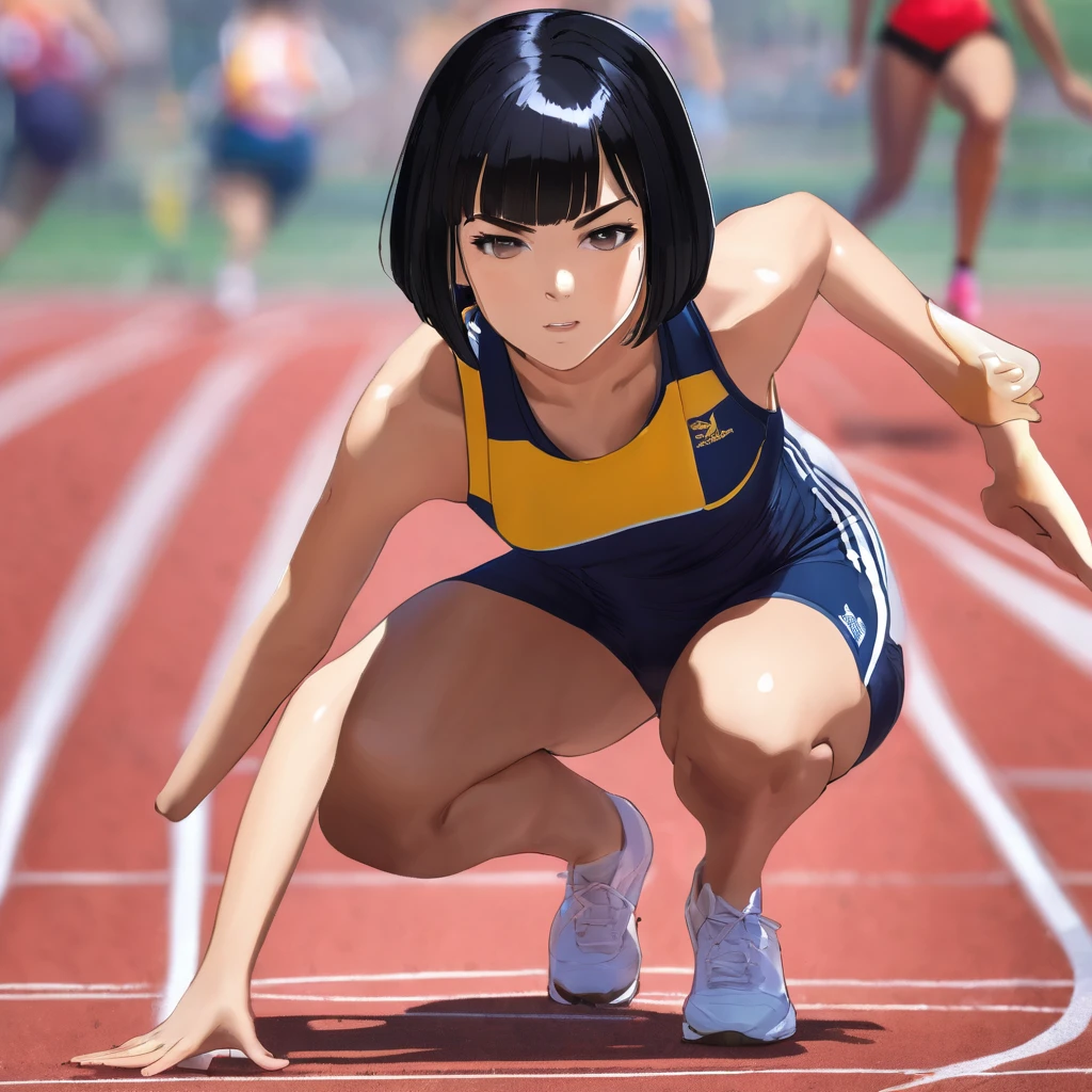 Top quality, masterpiece, 1 girl, black hair, bob cut, track and field uniform, crouching start, front position, face zoomed in, spirited expression