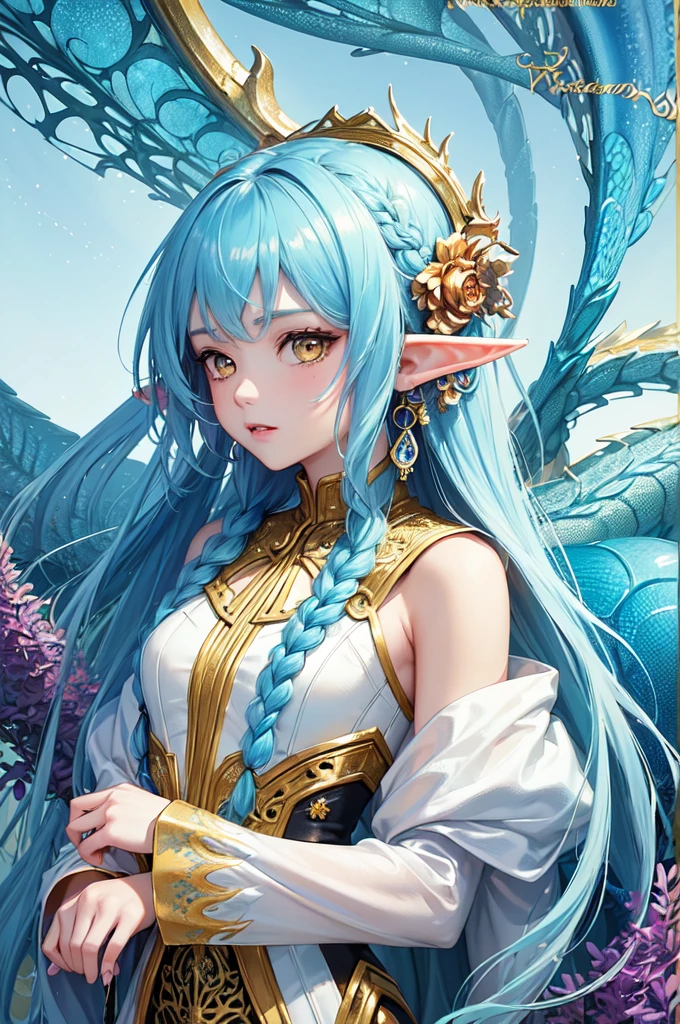 (masterpiece, top quality, best quality, official art, beautiful and aesthetic:1.2), (1girl), extreme detailed,(fractal art:1.3),colorful,highest detailed, cute young girl, light blue hair, long hair, small braids hair, yellow eyes, elf ears, dragon tail, dragon thorn, muscular body, small breast, light blue dress