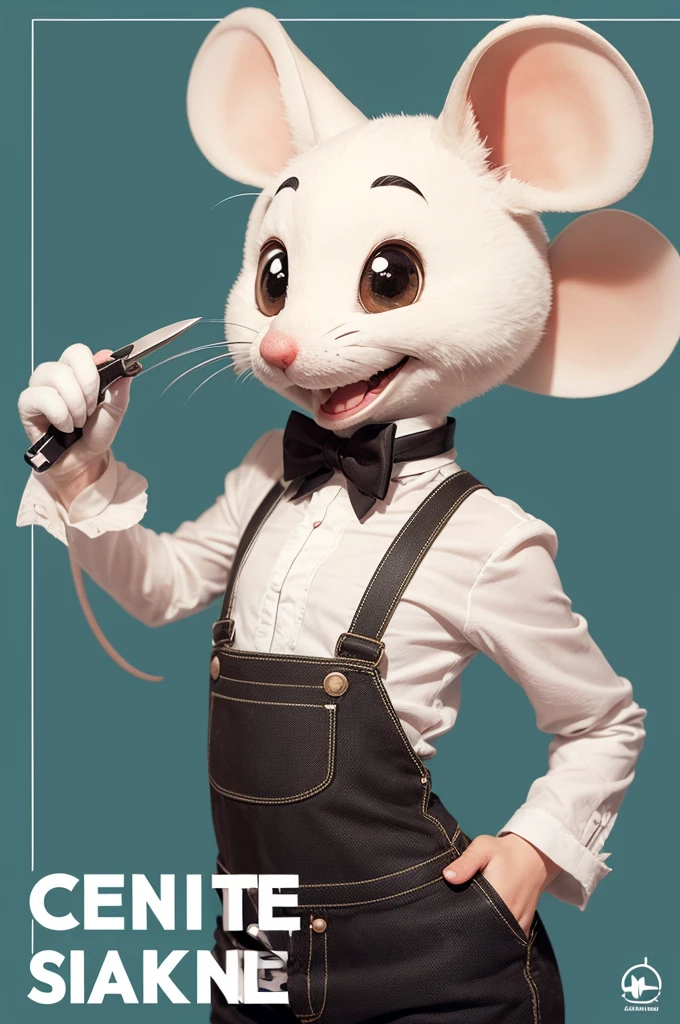 Create an image of an anthropomorphized mouse holding a razor in one hand and scissors in the other, with a friendly smile. Add the text 'Barbearia do Rato' at the top or bottom of the image
