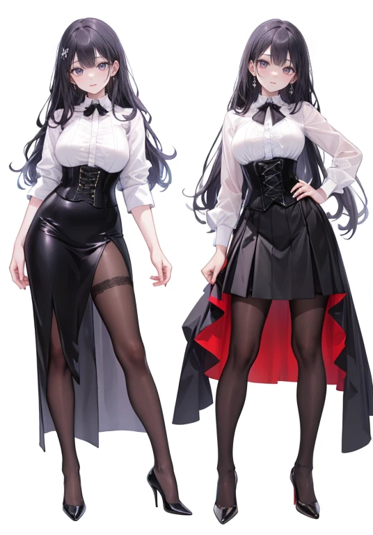 Purple ((super long Hair)),Adult female,(suit),White Y-shirt,((Rolling up his sleeves)),(corset),(Black tight skirt),(High heels),Heels are visible,((Simple white background)),smile,((whole body)),((full body)),