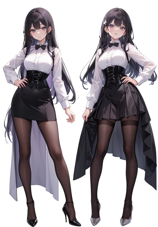 Purple ((super long Hair)),Adult female,(suit),White Y-shirt,((Rolling up his sleeves)),(corset),(Black tight skirt),(High heels),Heels are visible,((Simple white background)),smile,((whole body)),((full body)),