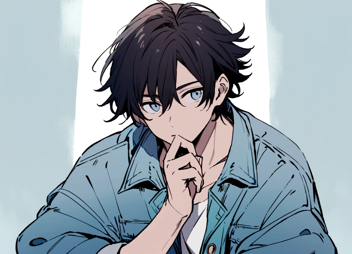 Create an anime-style illustration of a boy with short, slightly messy dark hair. He should be wearing an oversized blue denim jacket. The boy's expression should be one of contemplation, with a thoughtful look and his hand resting on his chin. The background should be a plain, light grayish-blue color to keep the focus on the character. Ensure the drawing has a clean, detailed, and slightly pastel color palette to match the aesthetic of modern anime illustrations.