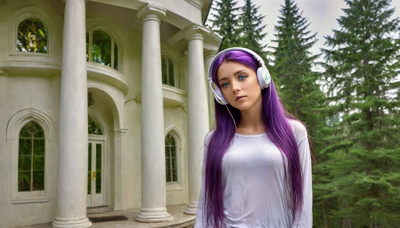 HDR, BETTER IMAGE, WOMAN WITH GREEN EYES, FULL BODY IMAGE, WITH SMALL HEADPHONES, LISTENING TO MUSIC, LONG PURPLE STRAIGHT HAIR, NATURE, FOREST, IVORY HOUSE WITH GOLD, IVORY COLUMN WITH GOLD, YOUTUBE SYMBOL