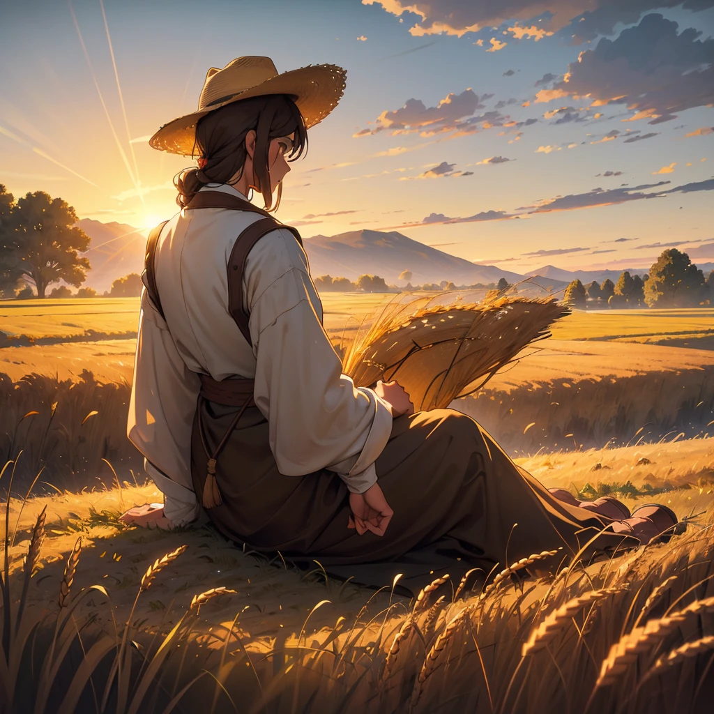 Picture the back view of a brown-haired man wearing a medieval farmer's outfit, sitting contemplatively in a vast, golden wheat field. The sun is setting, casting a warm, amber glow over the gently swaying stalks of wheat that stretch out as far as the eye can see. His posture is relaxed, a wide-brimmed hat resting on his knee, as he takes in the serene beauty of the landscape. Capture the tranquility and simplicity of this pastoral scene, emphasizing the connection between the farmer and the bountiful land he tends, bathed in the soft light of dusk."