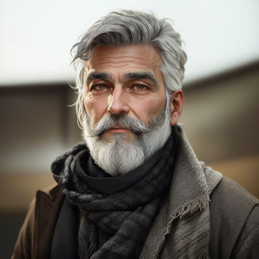 bushy man with beard and scarf, gray hair and beard, dark grey haired man, some grey hair in beard, short white beard, greybeard, silver hair and beard, he has a beard and graying hair, greybeard, well-groomed white beard and hair, white hair and beard, greybeard aparada, midle age man