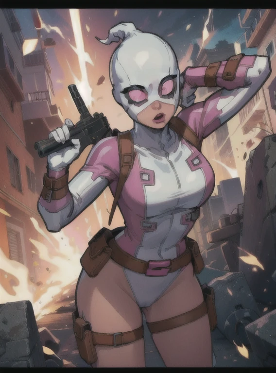 (GwenPool attacking:1), (white mask:1.2), (superhero, bodysuit, pink leotard, belt, gun, hood:1), looking at viewer, cute pose, leaning forward, (detailed landscape,building, explosion:1), (dynamic_angle:1), (dynamic_pose:1.2), (masterpiece:1.2), (best quality, highest quality), (ultra detailed), (8k, 4k, intricate),(full body:1), (Cowboy shot:1.2), (50mm), (highly detailed:1.2),(detailed face:1.2), detailed_eyes,(gradients),(ambient light:1.3),(cinematic composition:1.3),(HDR:1),Accent Lighting,extremely detailed,original, highres,(perfect_anatomy:1.2),